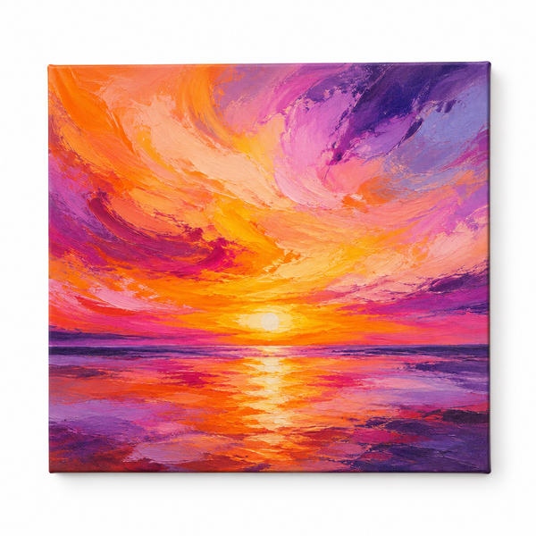 Abstract Sunset Painting with vibrant orange pink and purple swirls on canvas