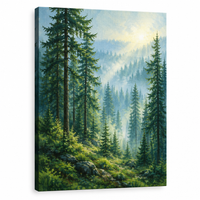Forest acrylic painting with tall pine trees and misty morning light in green and blue tones