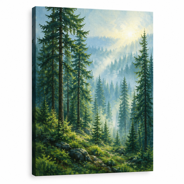 Forest acrylic painting with tall pine trees and misty morning light in green and blue tones