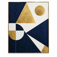 Modern geometric abstract art with bold triangles in navy blue gold and white