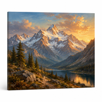 Mountain landscape oil painting with snow-capped peaks and golden hour light