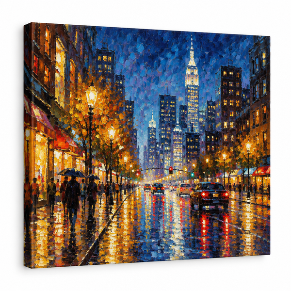 Urban cityscape painting at night with glowing lights reflecting on wet streets